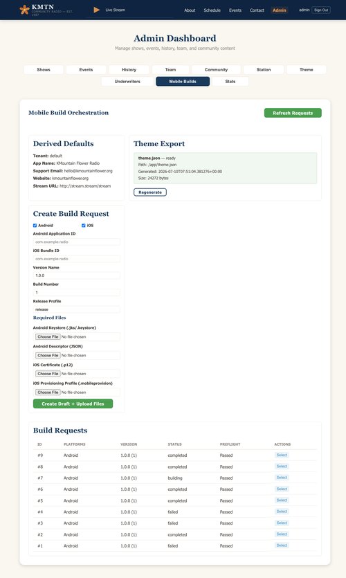 Admin mobile builds page showing derived defaults, theme export status, build request form with platform selection and file uploads, and build history table