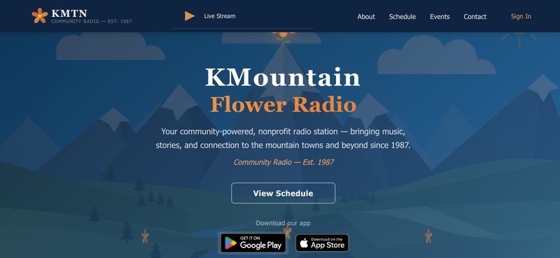 FlowerCMS homepage — KMountain Flower Radio with mountain hero illustration, live stream player, sponsor carousel, and app download badges